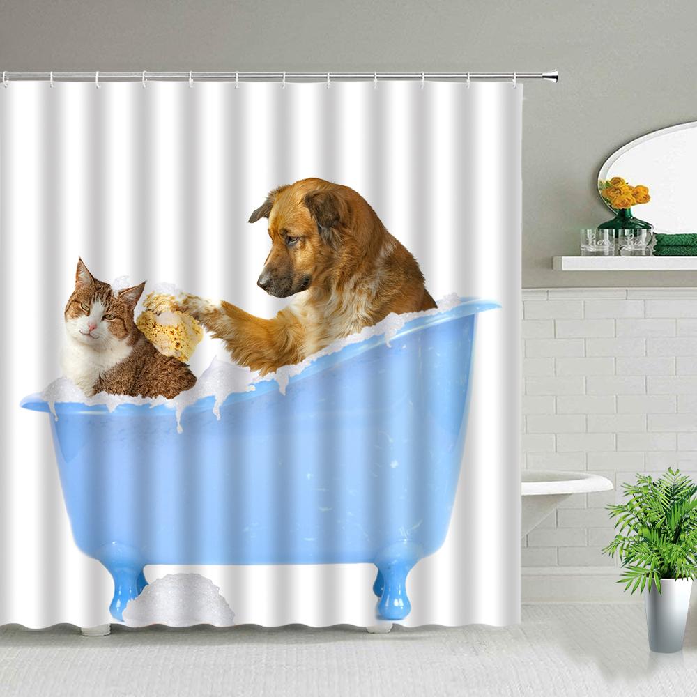 Cat Dog Cow Shower Curtain Set Cute Animal Bathroom Curtains Fabric Christmas Home Bathroom Decor Bathroom Accessories Set