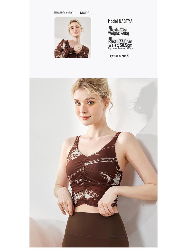 Women's Ruched Print Yoga Sports Bra with Built-in Pads & Stylish Back Design