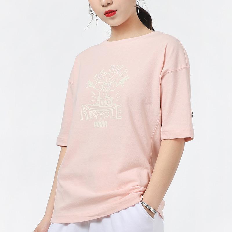Puma Downtown Graphic Print Sports Round Neck Short Sleeve T-Shirt Women Tops Pink 531438-27