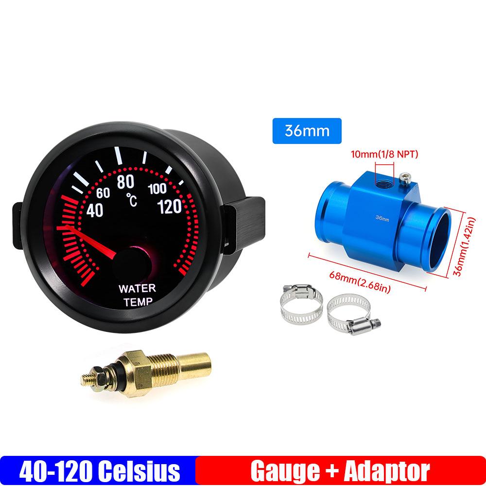 Manómetro de Temperatura del Agua de 2" 52 mm 40-120℃ Medidor de Temperatura del Agua+Sensor de Tubo de Unión de Temperatura del Agua Adaptador de Manguera de 26-40 mm para Coche de Gasolina 12V