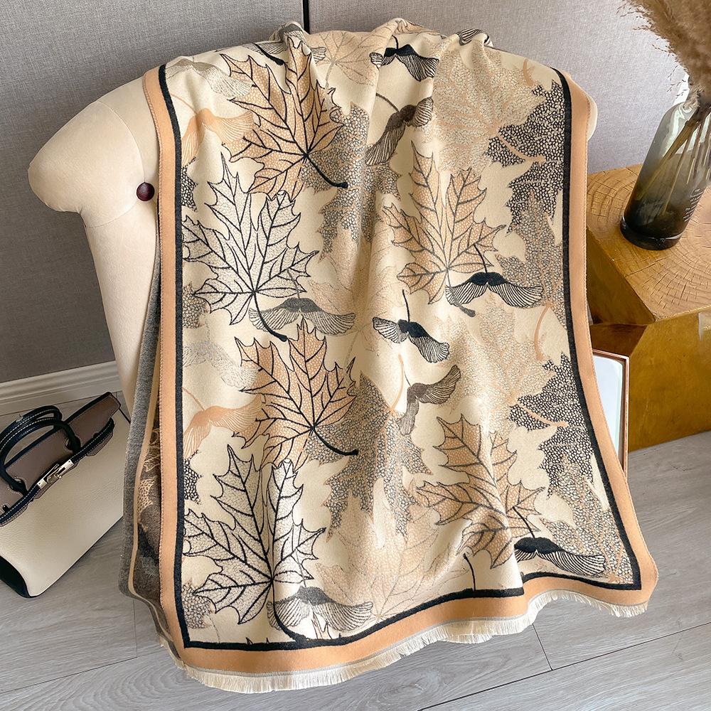 Winter Literary Imitation Cashmere Scarf Women'S Elegant Maple Leaf Printing Scarf Thickened Warm And Windproof Versatile Shawl