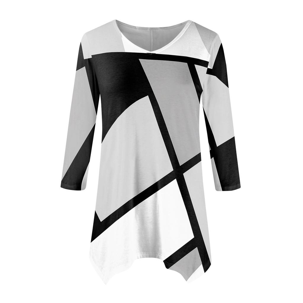 Moda Donna Casual Scollo a V Colore a Contrasto Stampato Manica a Sette Punti Camicia Cinturata Top Ampio Confortevole