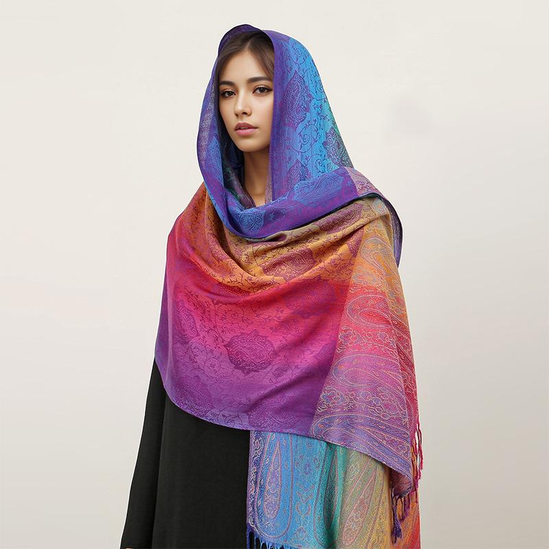 Ethnic Style Color Cashew Embroidery Rainbow Gradual Change Fringed Scarf Long Scarf Travel Photo Shawl Women'S Bag Headscarf