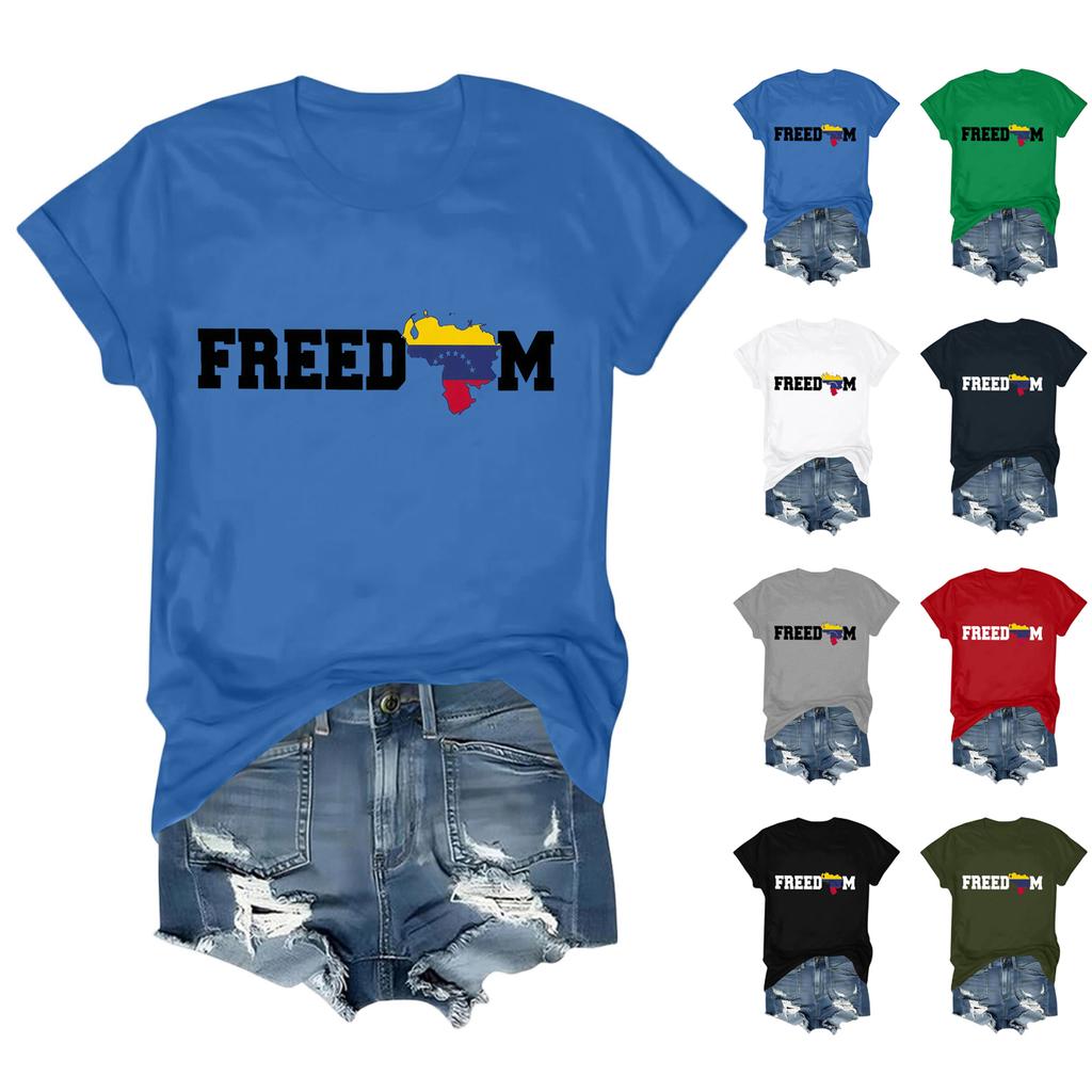 Women's Fashionable Round Neck Casual Retro Print Short Sleeved T-shirt Top