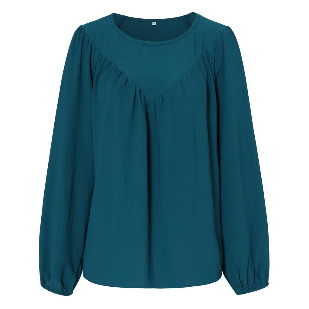 Women Autumn Solid Color Round Neck Pullover Loose Long Sleeve T Shirt Top