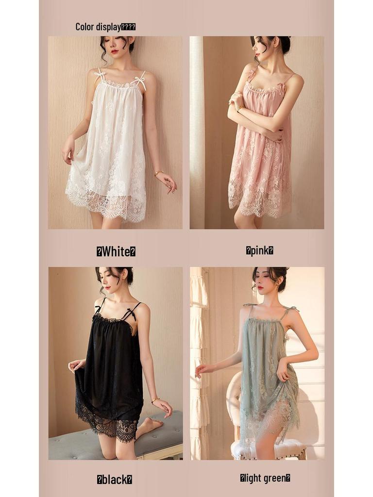 Camisón de encaje de tirantes de verano para mujer - Lencería y pijamas sexys con atadura