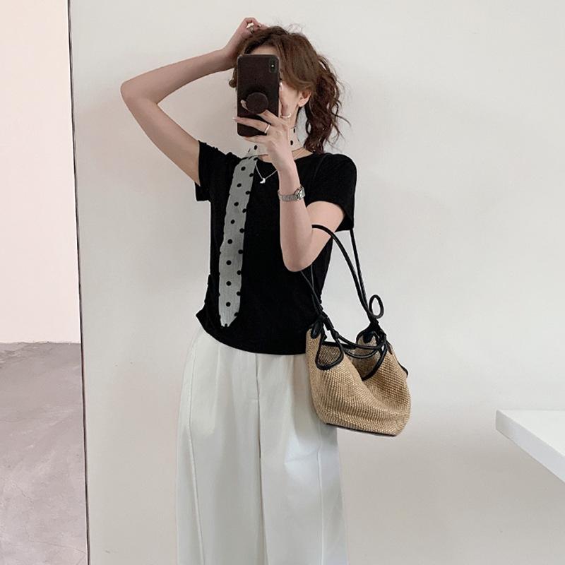 

Облегающая футболка с коротким рукавом и круглым вырезом для женщин, летняя новинка, приталенная, с маленьким топом на плечах XL чёрный