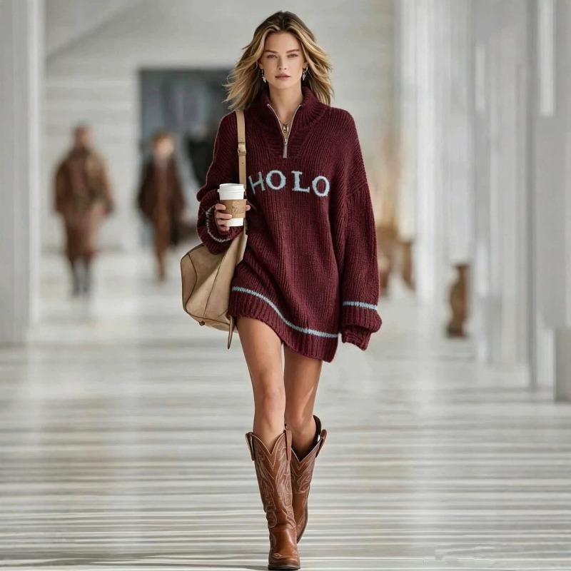 Autumn and winter popular new women's loose letter jacquard sweater zipper lapel mini knitted women's dress