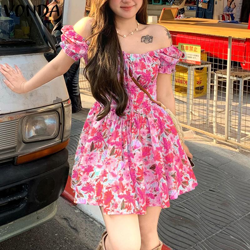VONDA Vestido Mini Casual con Volantes para Vacaciones con Estampado Floral y Manga Corta Descubierta para Mujer
