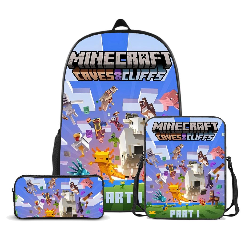 Popular Minecraft 3-Piece Set: Backpack, Messenger Bag, and Cartoon Pencil Case - Lightweight, Splash-Proof, Large Capacity