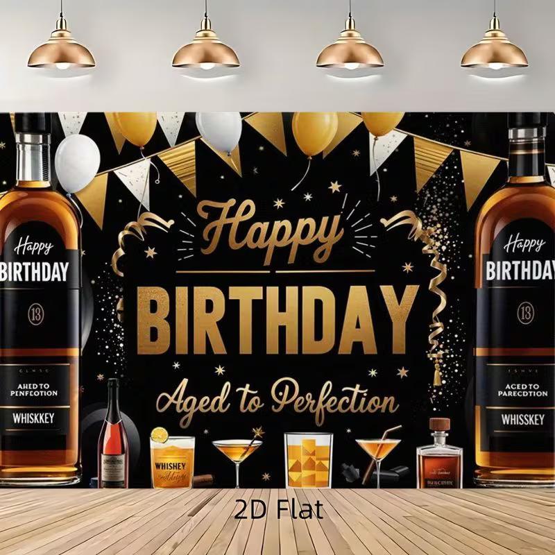 2D Elegant Black and Gold Backdrop, Whiskey Theme "Happy Birthday" Background for Cocktail Parties