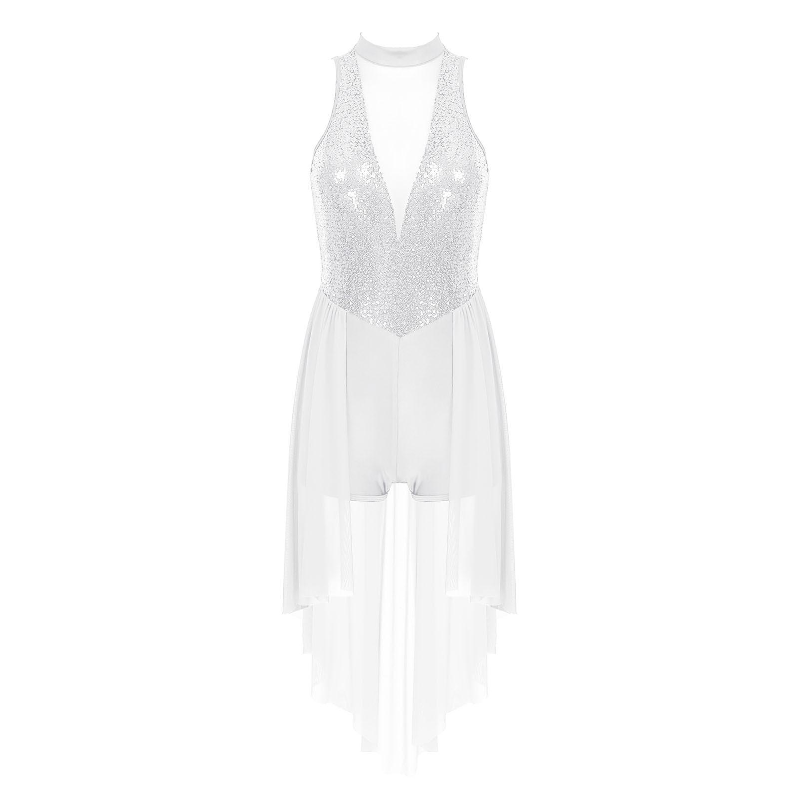 

Жіночий ліричний танцювальний костюм блискучий блискітками макет шиї без рукавів сітка спідниця купальник сценічний одяг L білий