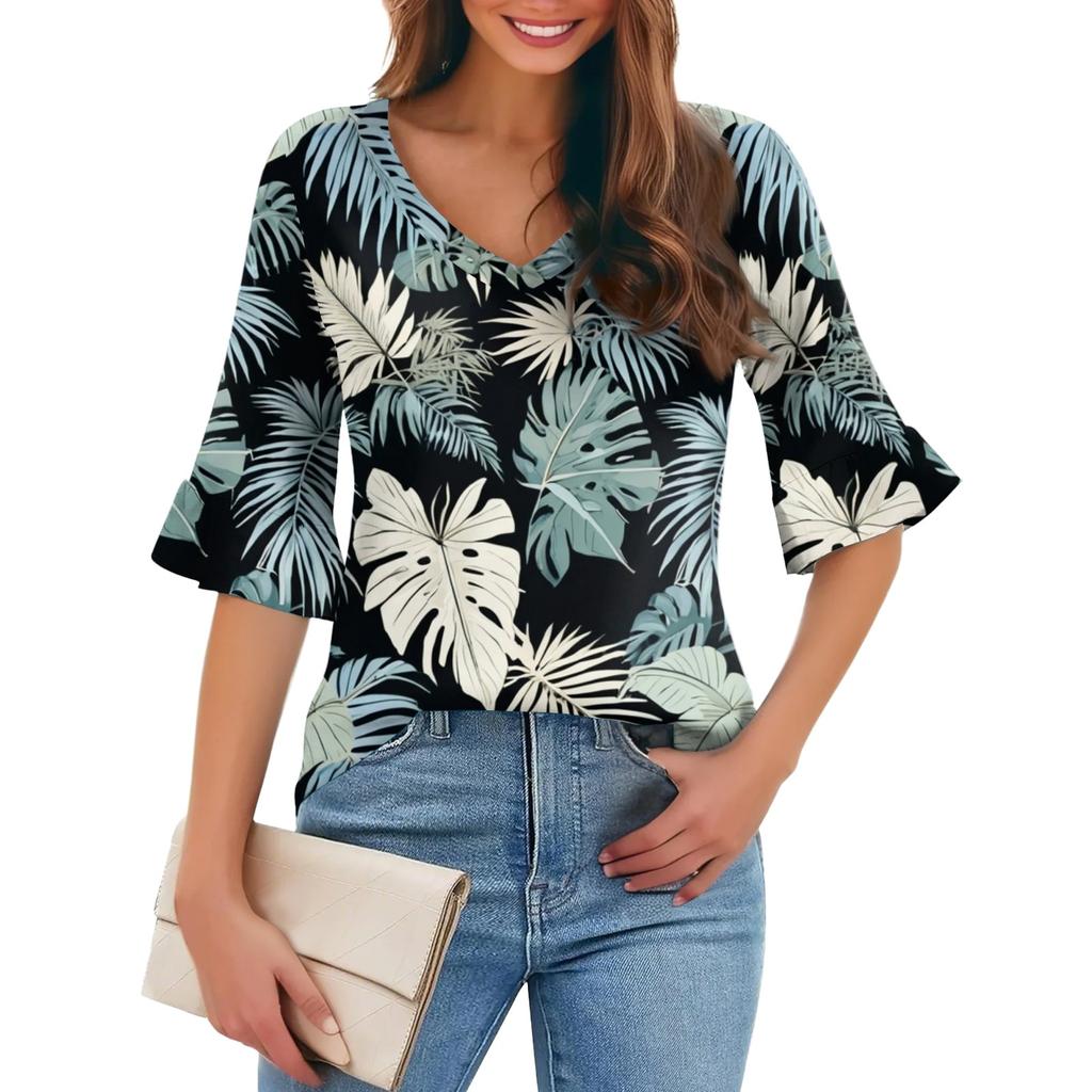 Damen Casual Fashion V-Ausschnitt Pullover Lose Pendeln Floral Fünf-Punkt-Ärmel T-Shirt Top