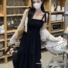 Plus Size French Hepburn-Style Black Camisole Dress & Cardigan Set - Retro, Slimming, Sun-Protective Summer Two-Piece.