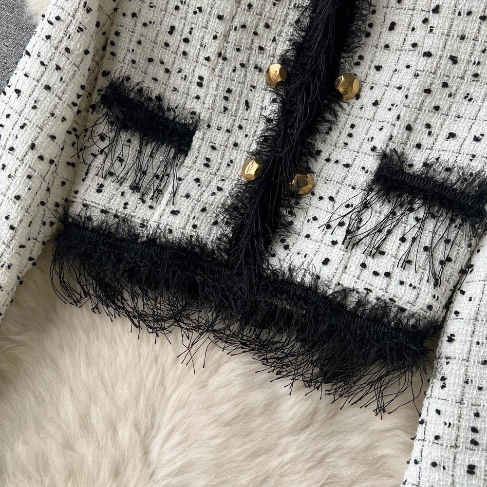 Autumn And Winter Small Fragrant Wind Fringe Fashion Short Jacket + Long Paragraph Hip Half-Body Skirt Two-Piece Set