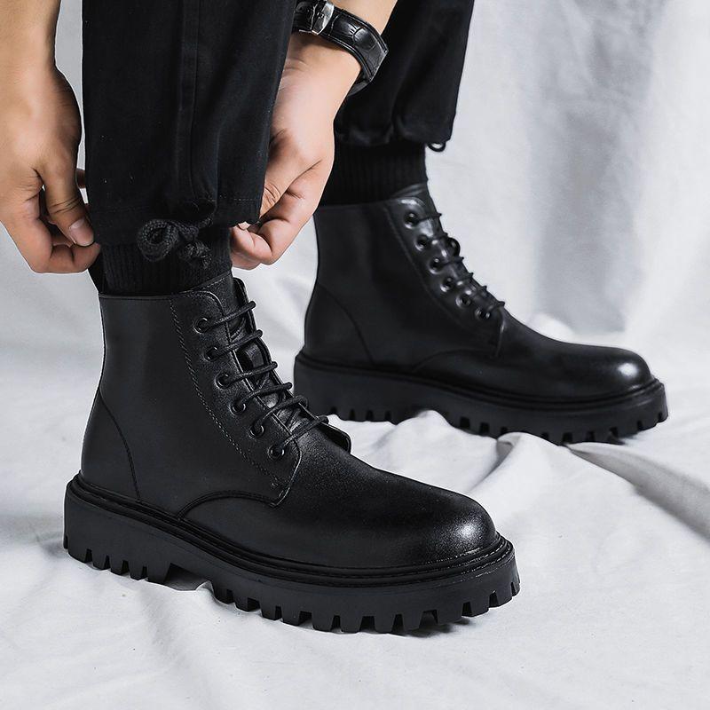 Vintage British Men's Spring Autumn High Top Waterproof Leather Shoes Black Biker Casual Lace Up Anti Slip Fashion