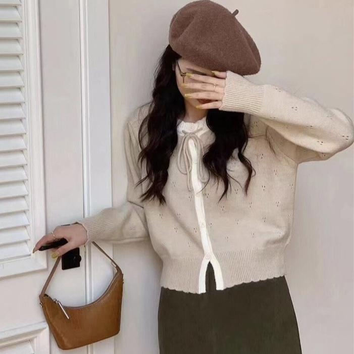 

Харадзюку однотонный кардиган с длинным рукавом женский свитер корейский розовый на шнуровке с бантом топы короткие пальто повседневный свободный шикарный с круглым вырезом Y2k свитера One Size