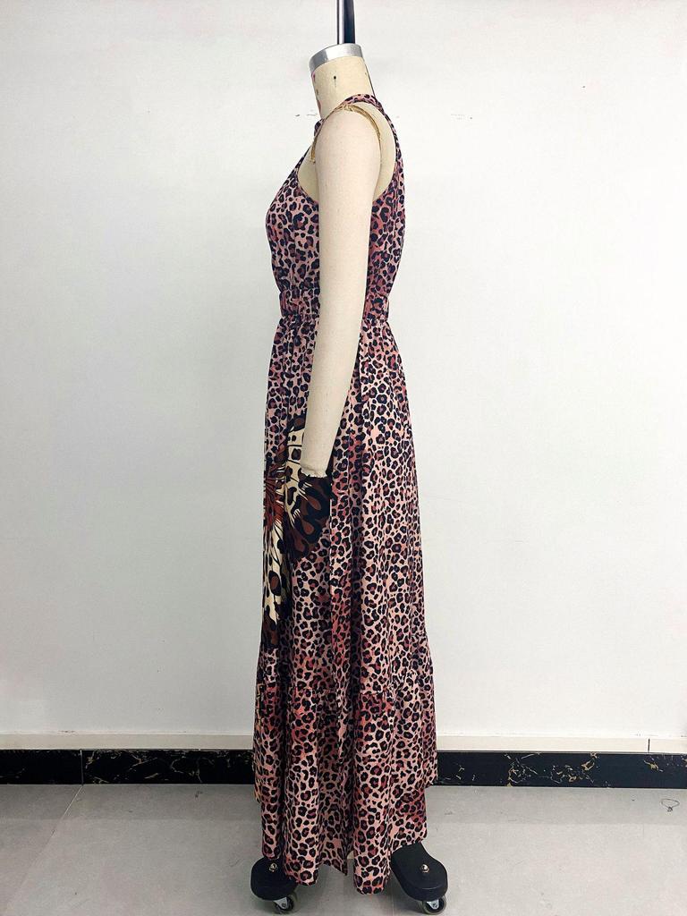 2025 European/American Halter Neck Sleeveless Leopard Butterfly Patchwork Beach Dress