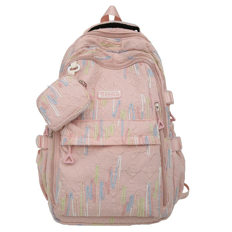 

Большой вместительный женский рюкзак с цветной вышивкой, школьная сумка для студентов с кошельком для монет розовый