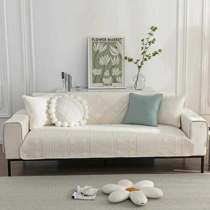 Pure Cotton Universal for All Seasons Sofa Cover Anti-slip Backside Cushion  Living Room Solid Color Stitch Fabric Art Couch Mat