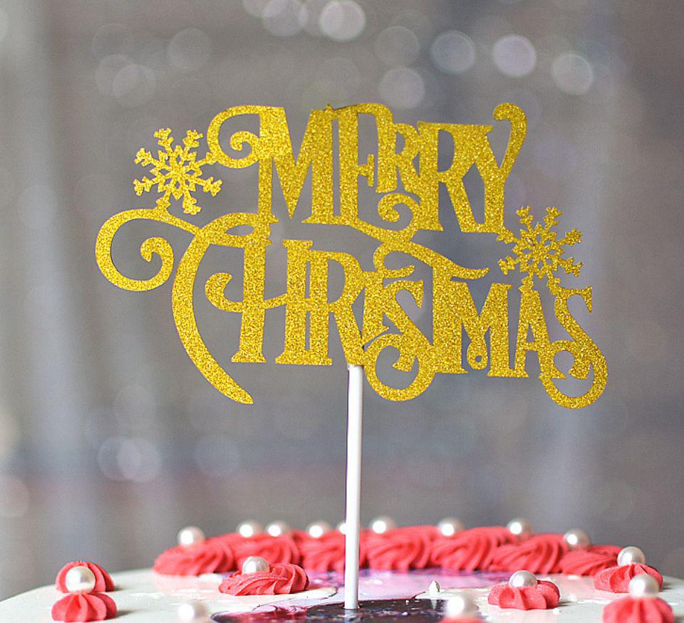Gold & Green Glitter Merry Christmas Tree Cake Topper Decoration