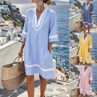 Damen gestreiftes V-Ausschnitt Midi-Kleid Kurzarm Lässig Lockerer Schnitt Sommerkleid mit Tasche