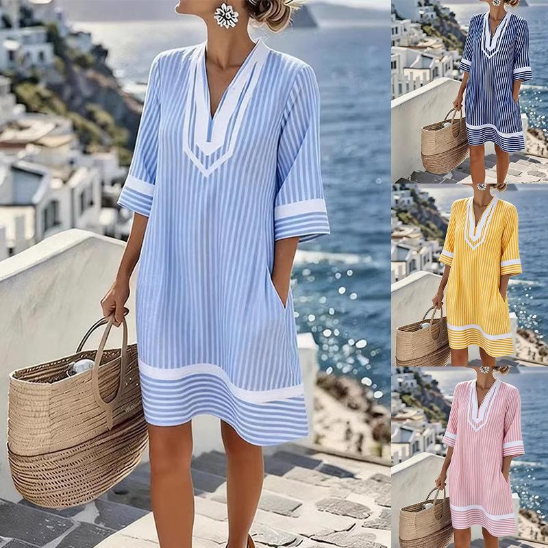 Damen gestreiftes V-Ausschnitt Midi-Kleid Kurzarm Lässig Lockerer Schnitt Sommerkleid mit Tasche