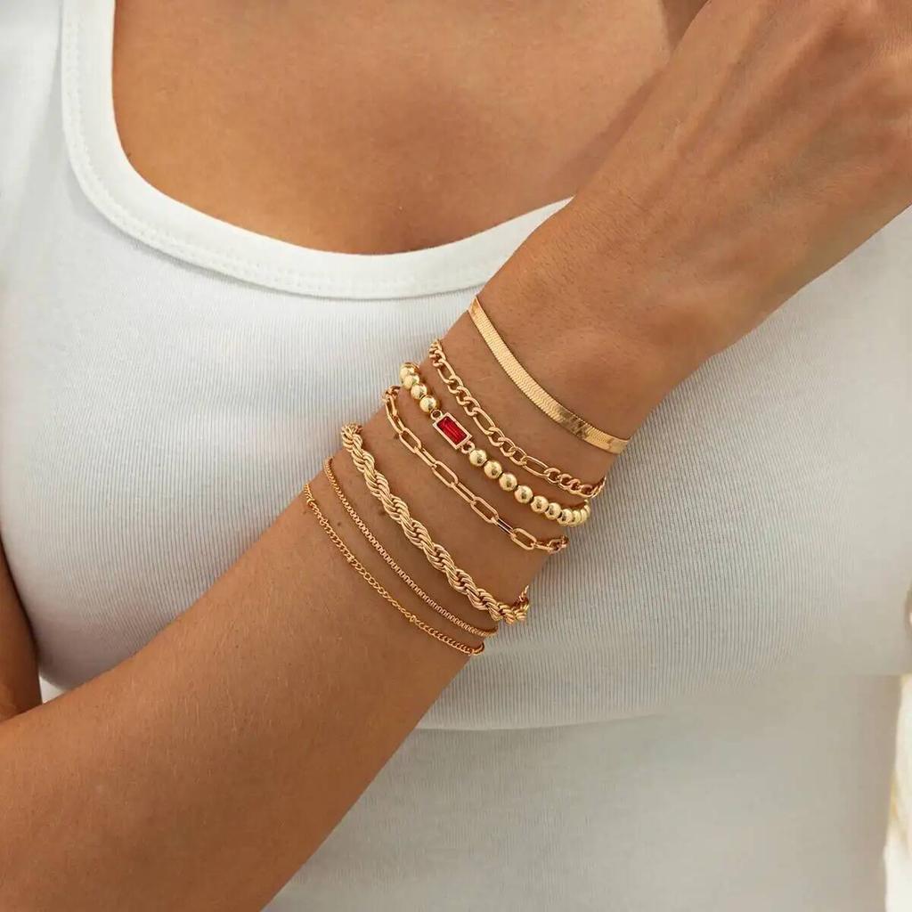 SHIXIN 7Pcs/Set Elegant Acrylic Charm Bracelets for Women 2026 Vintage Minimalist Multi-Element Twist Chain Metal Bangle Jewelry