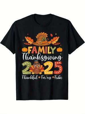 Family Thanksgiving 2025 Turkey Graphic T-Shirt - Black with Colorful Fall Desig