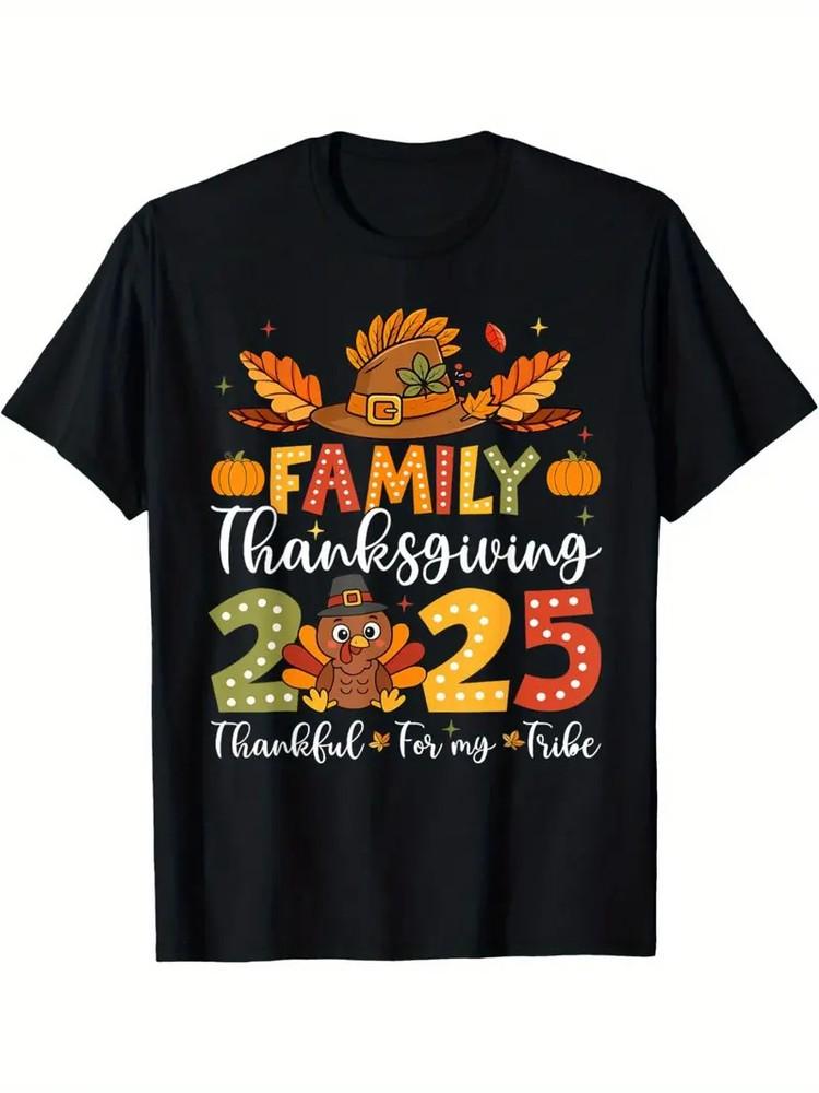 

Family Thanksgiving 2025 Turkey Graphic T-Shirt - Black with Colorful Fall Desig S