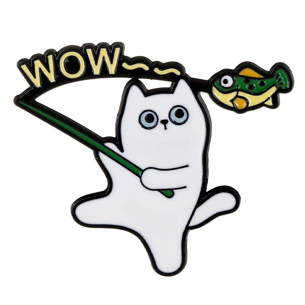 Cute White Cat Fishing Design Enamel Brooches Cartoon Yep Wow Boing Kitten Kitty Pins Women Girls Pet Owner Badge