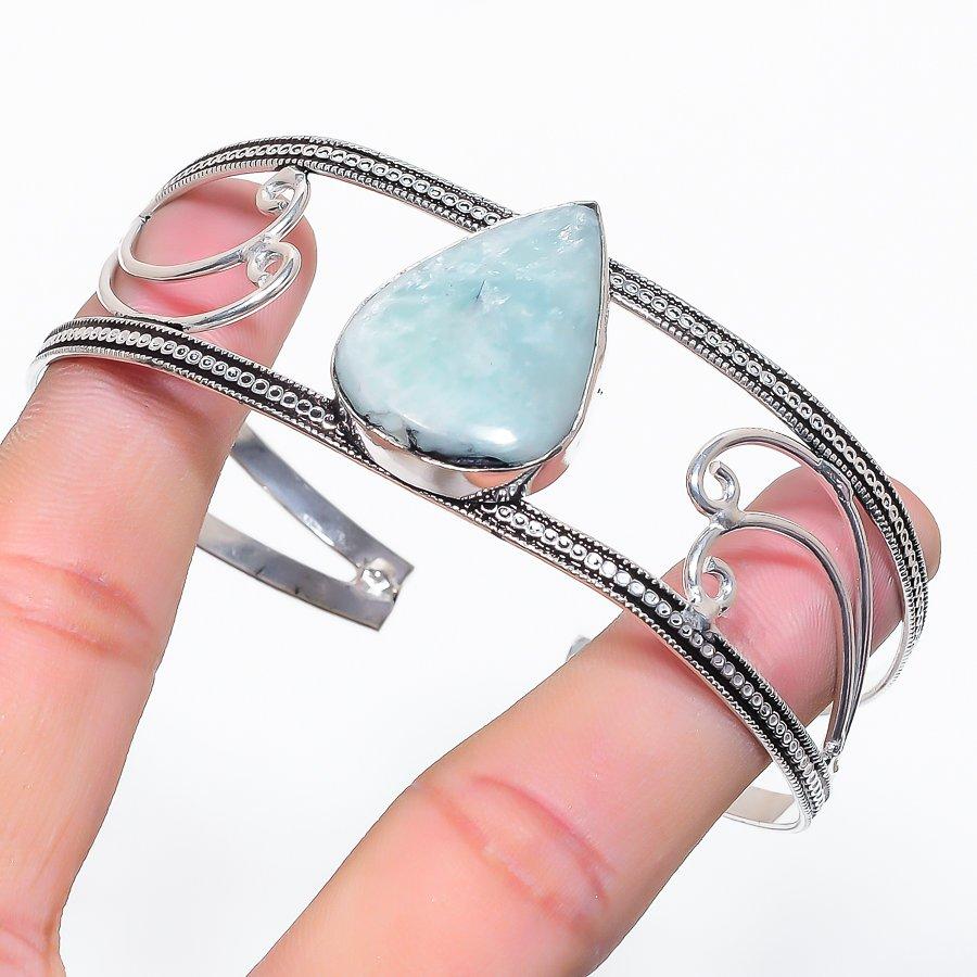 Natural Aquamarine Gemstone 925 Sterling Silver Cuff Bangle Adjustable f0y60