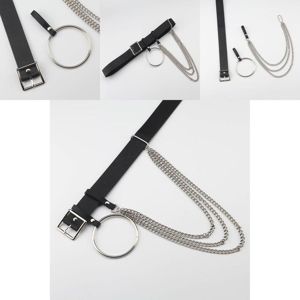 Fashionable Black Women Waist Belt With Circular Ring And Chain Tassel For Adult Street Style
