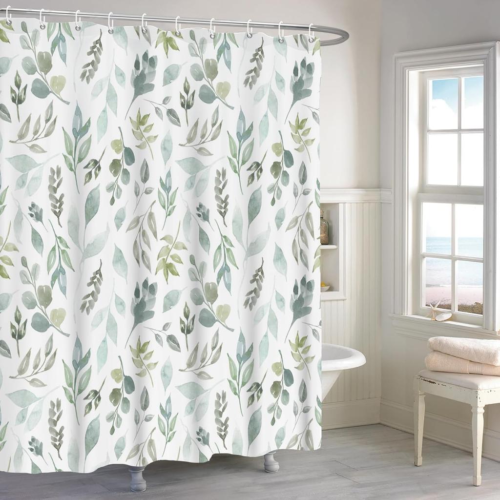 Blue Watercolor Floral Shower Curtain, Botanical Wildflower Design, Waterproof Polyester With Hooks