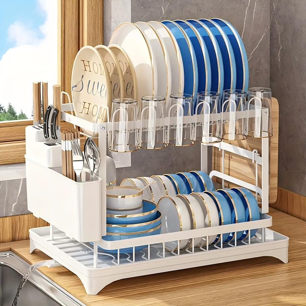 1 set of double-layer bowl and dish storage racks with cup holders, large capacity, suitable for kitchens, restaurants, etc