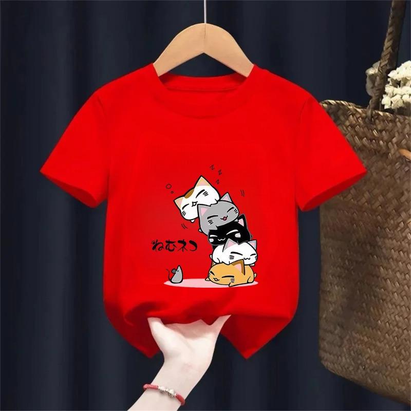 Cute Cat Graphic Kids Tshirts Summer Short Sleeve Tees Cartoon Animal Boys Girls Clothes Kawaii Kitten Tops Y2K Children T-shirt