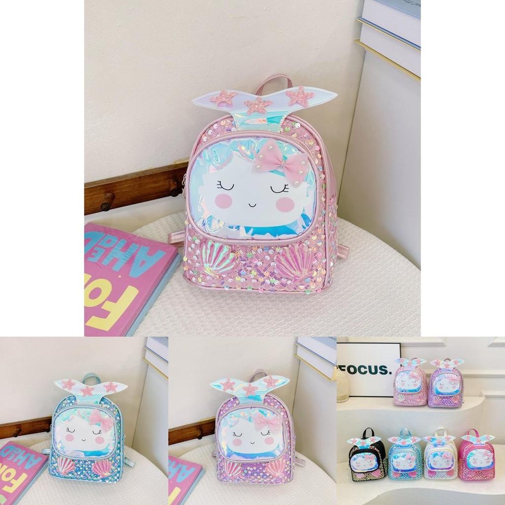 Children Girls Backpack With Shiny Shell Mermaid Tail For Kindergarten School Use