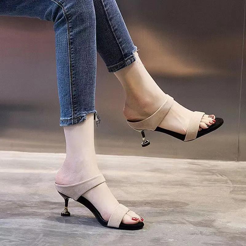 women cute sweet black peep toe light weight spring & summer slip on stiletto heel shoes lady casual sandals ab310