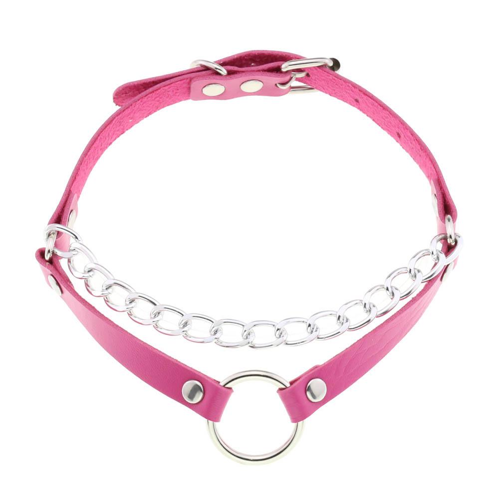 Double Line O-ring Chain Choker, Minimal Punk PU Leather Circular Ring Necklace