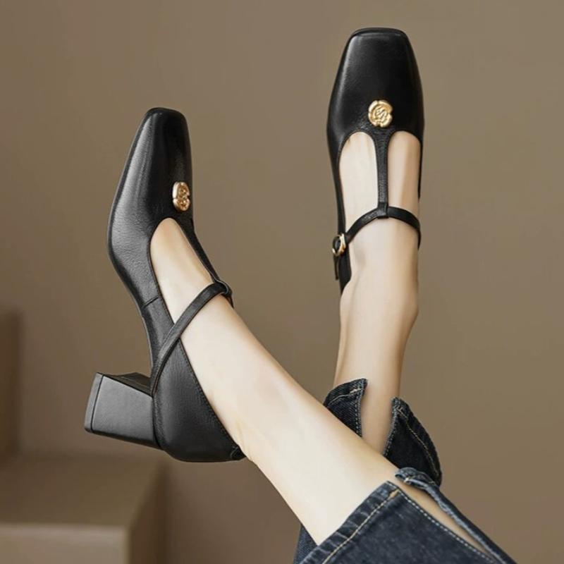 Fashion Solid Color Simple Lady Mary Jane Low-cut Shoes Spring and Summer French Camellia Metal Decoration Retro Square High Heels.