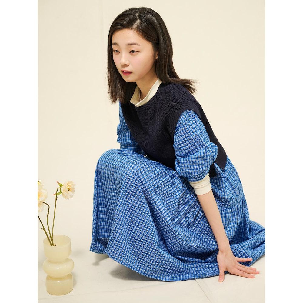 Binpolleidiseu Knit Vest Patch Check Dress Blue (Bf5371C04P)
