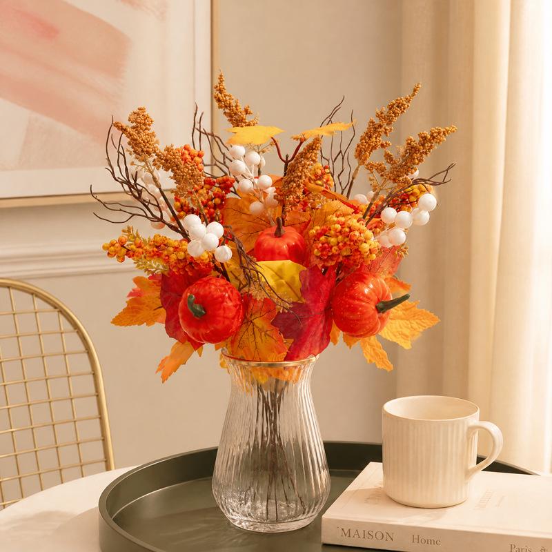 Autumn Harvest Pumpkin & Maple Leaf Vase Arrangement - Artificial Thanksgiving Decoration Art.