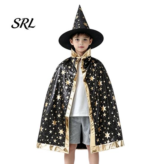 Breathable Holiday Performance Cape Kids Wizard Cloak with Hat for Boys Girls, Halloween Witch Star Pattern Costume Prop Party Cosplay Outfit,