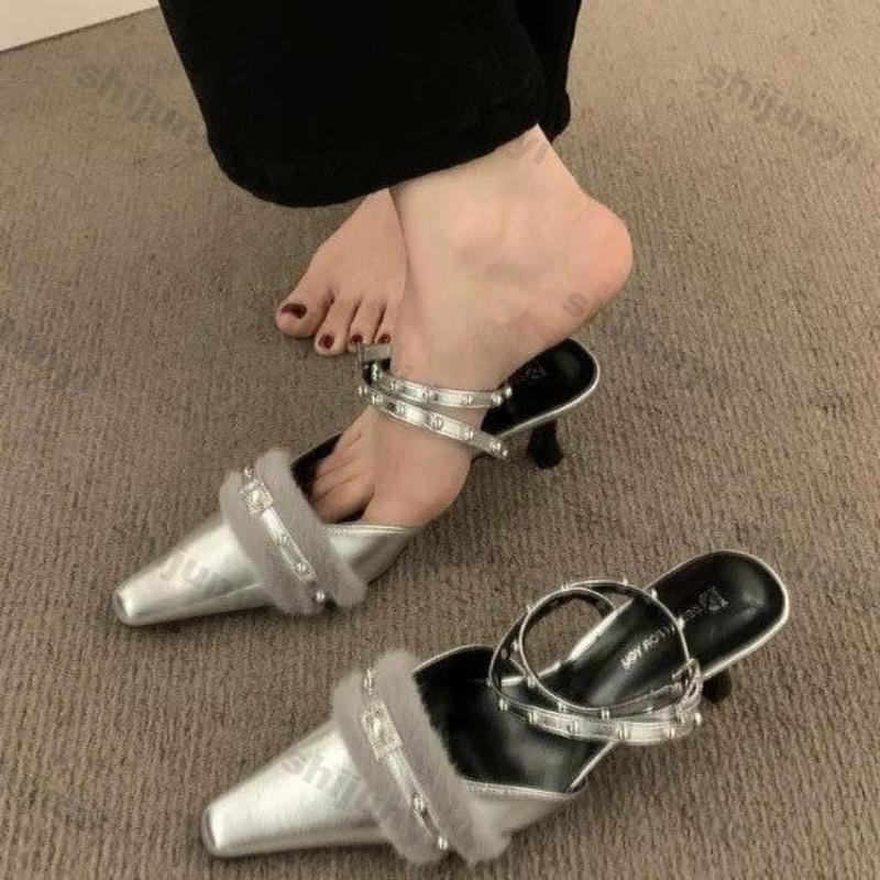 Fashion Punk Gothic High Heels Pumps for Women 2025 Spring Stiletto Heeled Shoes Female Fashion Pointed Toe Rivets Silver Party Shoes
