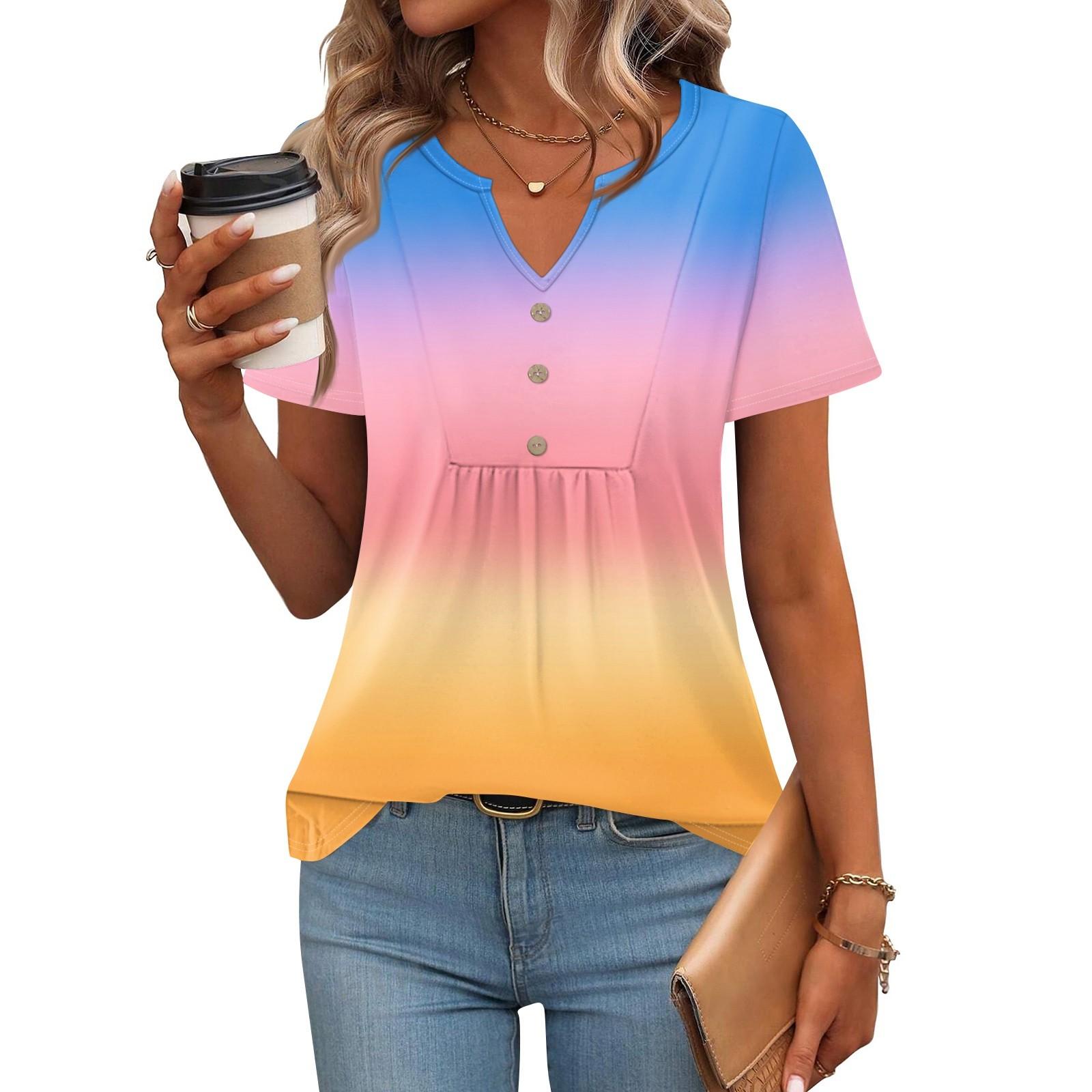 

Женские топы с коротким рукавом, летние футболки с V-образным вырезом, повседневная плиссированная блузка, свободный принт, базовая футболка XL