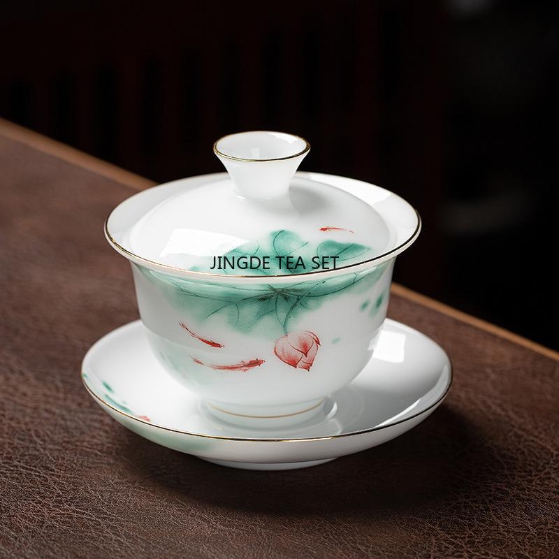 Ice Seed Sheep Fat Jade Ceramic Covered Bowl Single Household Kung Fu Tea Set Tea Making Bowl, High-end gaiwan set