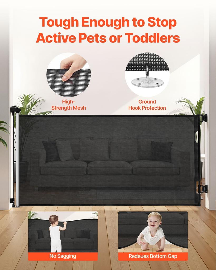 Retractable Baby Gate, Extends to 1850 mm Wide, 795 mm Tall, with Security Lock, Easy to Use, Walk Through Without Tripping, Mesh Dog Gate for Stairs,