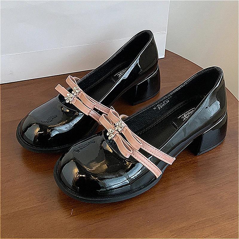 Women Heels Shoes Crystal Bow Sandals Woman Summer 2025 New Chunky Sweet Lolita Dress Pumps Leather Zapatos De Mujer