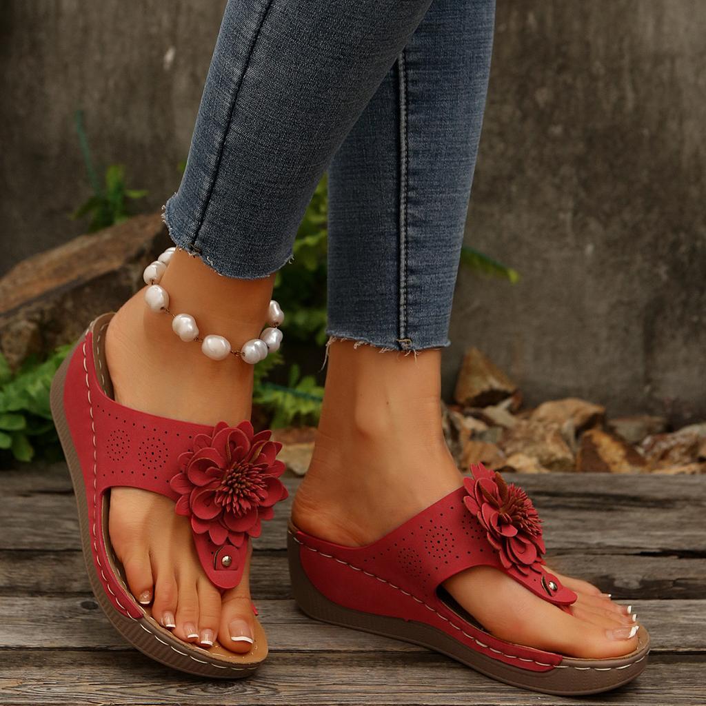 Large size slippers popular new wedge sandals flower one-character cool slippers