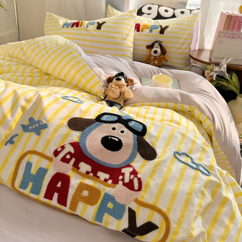 Cloud Pure Cotton Quilt Cover Bed Sheet Embroidery Four-piece Set Cartoon Puppy Skin-friendly Breathable Bed Sheet Bedding